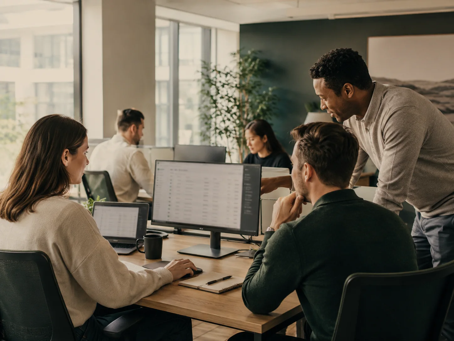 Colleagues working together around a shared monitor in an open-plan office.