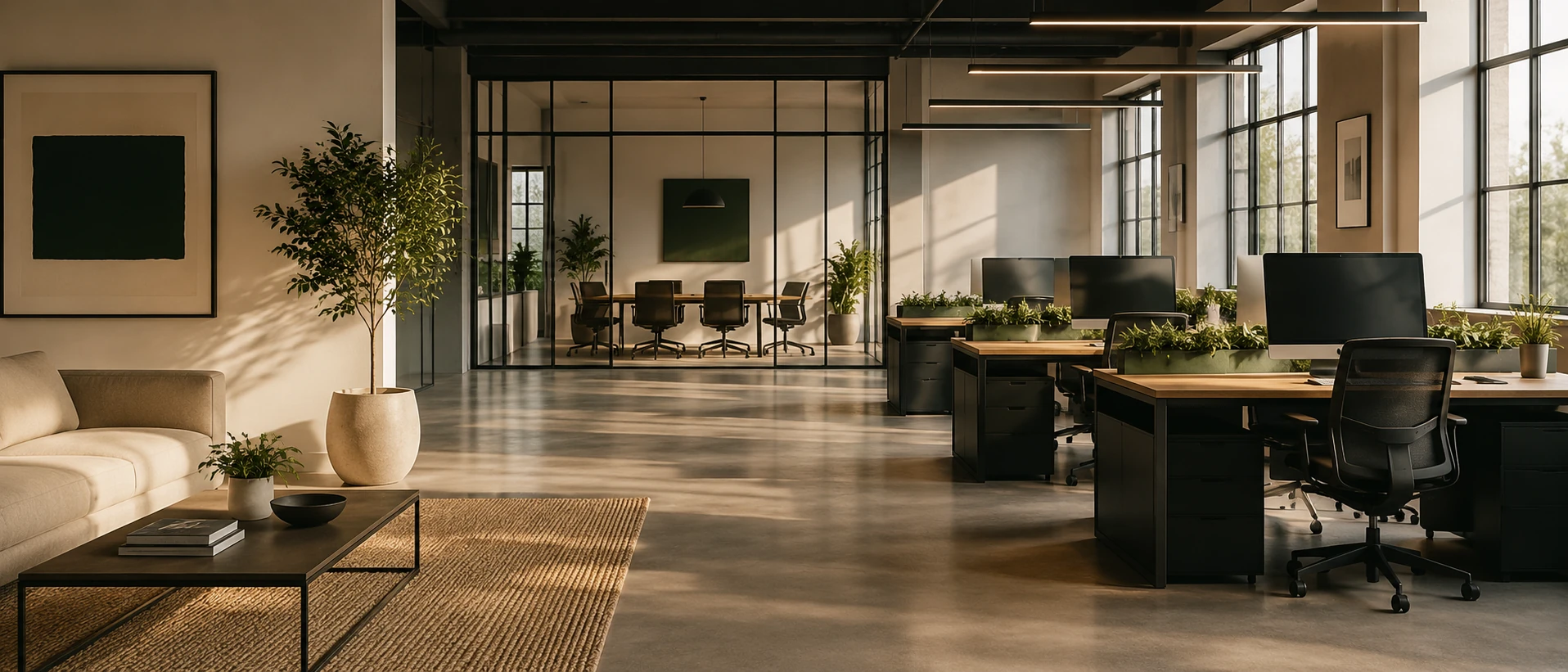 A contemporary open-plan office with desks, a glass-walled meeting room and daylight across the floor.