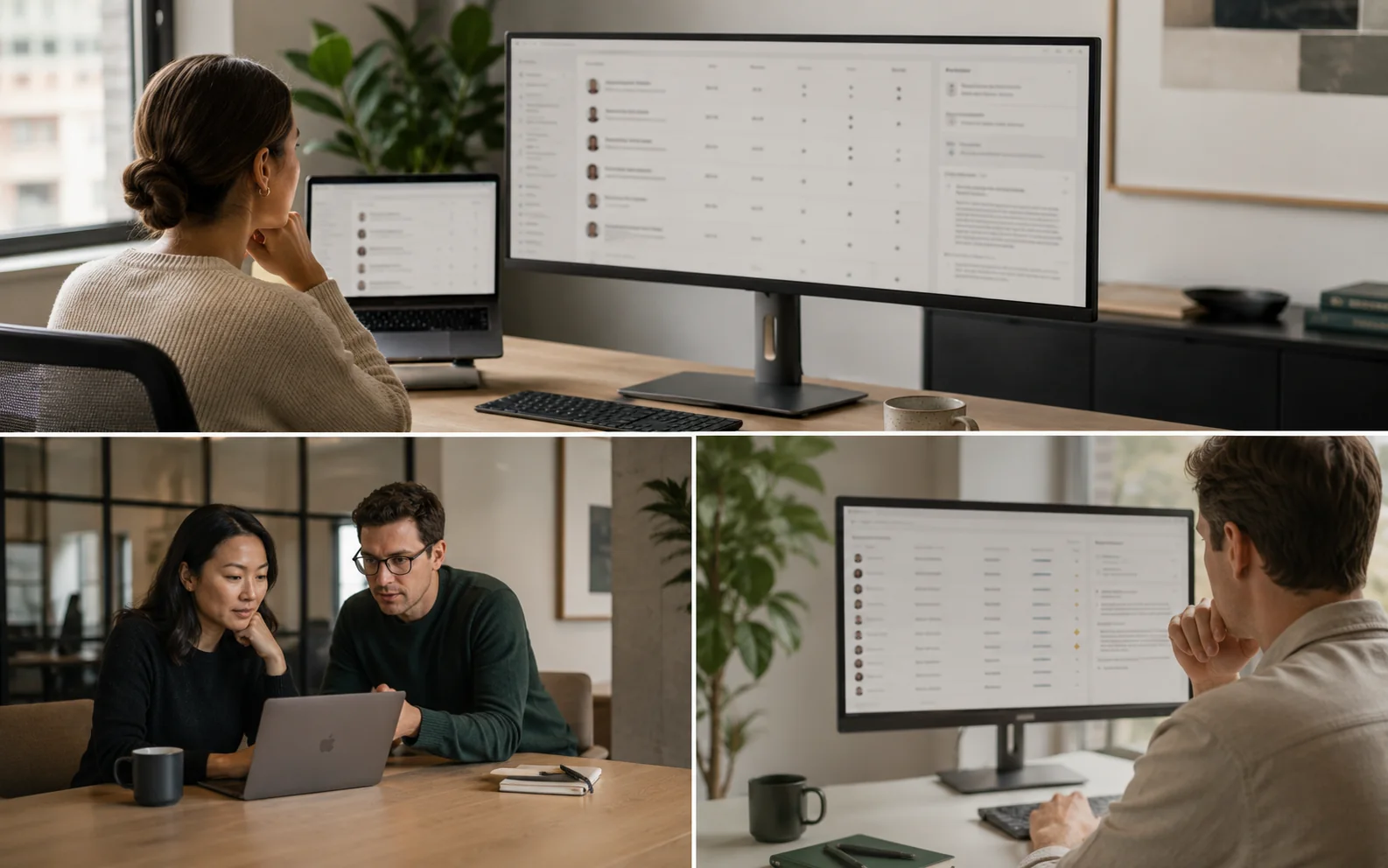 Three views of candidate review: working through records at a large monitor, two colleagues discussing a shortlist over a laptop, and a third reading through a candidate list.
