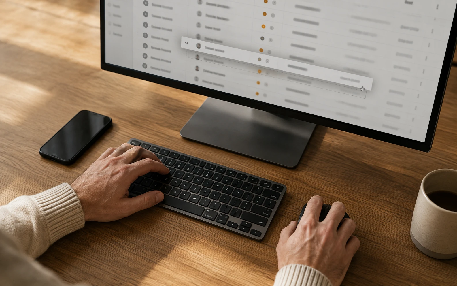 Hands at a keyboard and mouse, reordering a ranked list of prospect records on screen.