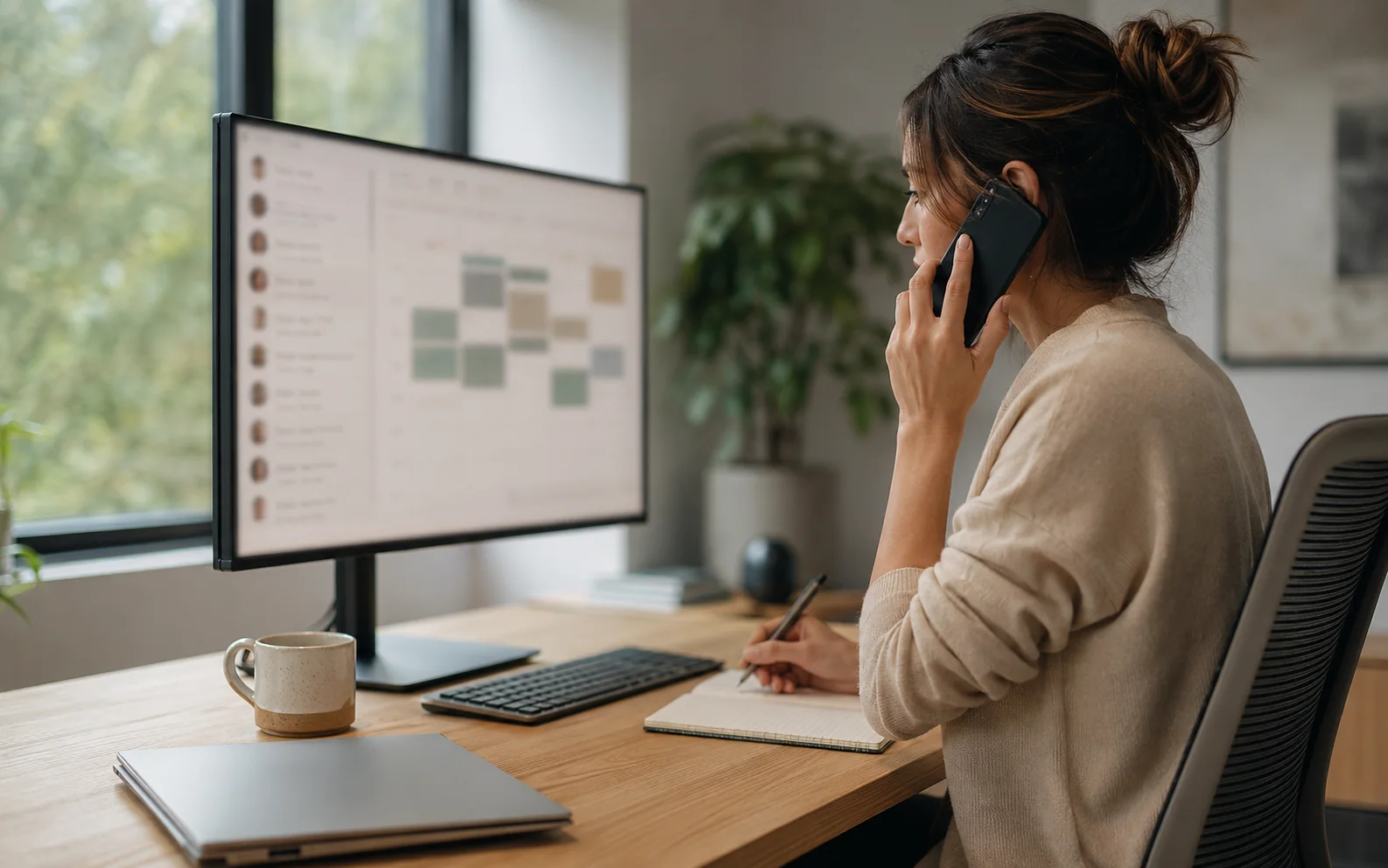 Someone on a call at their desk, taking notes beside a screen showing a week of scheduled meetings.