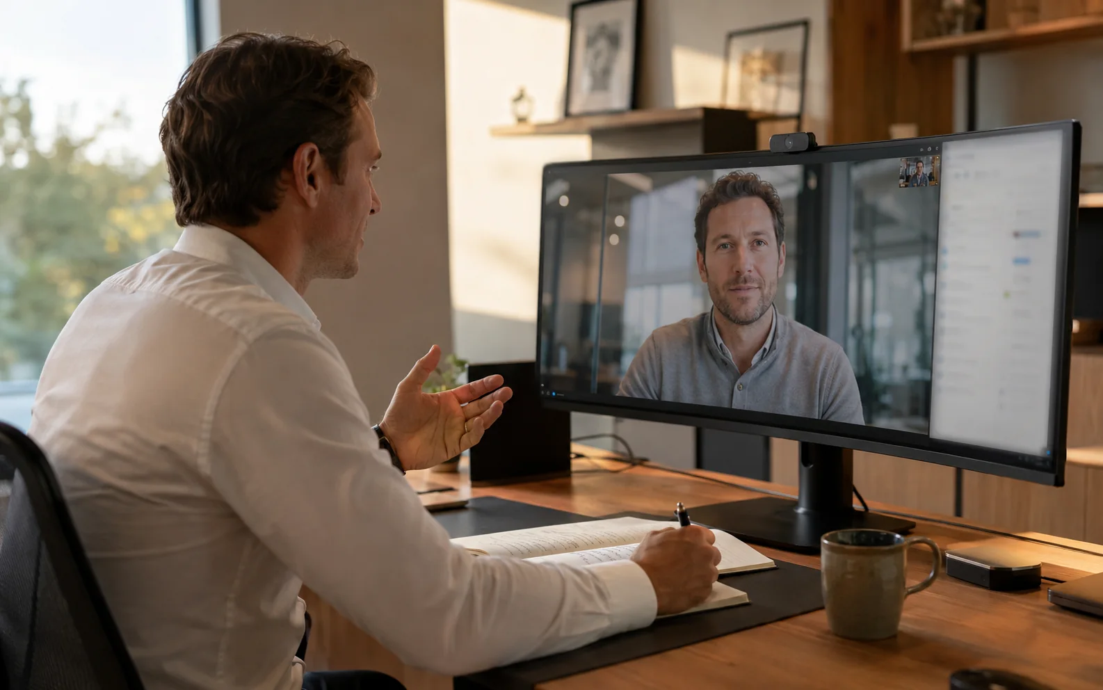 A video call in progress at a desk, with notes being taken during the conversation.