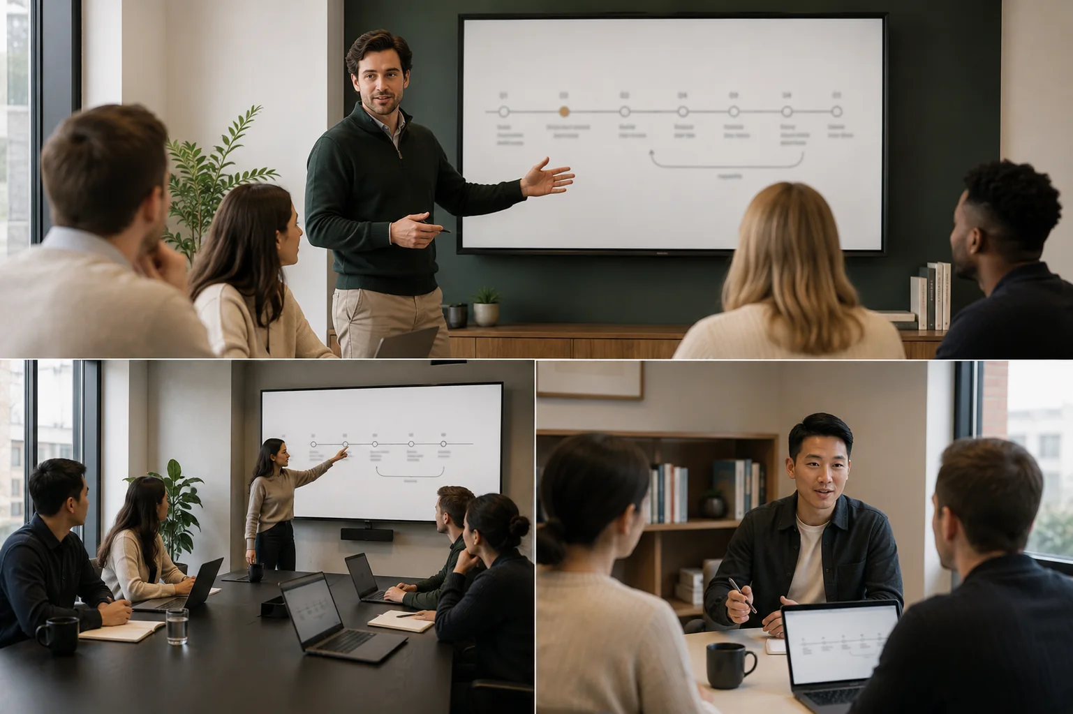 Three views of a working session: a stepped process diagram being talked through on a wall display, and colleagues discussing it around a table.
