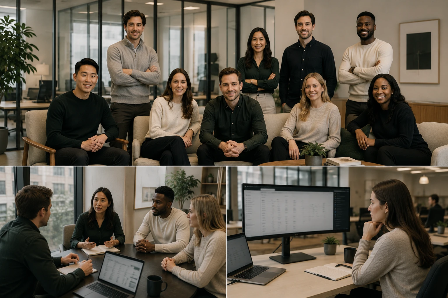 Three views of the team: together in a seating area, in discussion around a table, and at work at a desk.