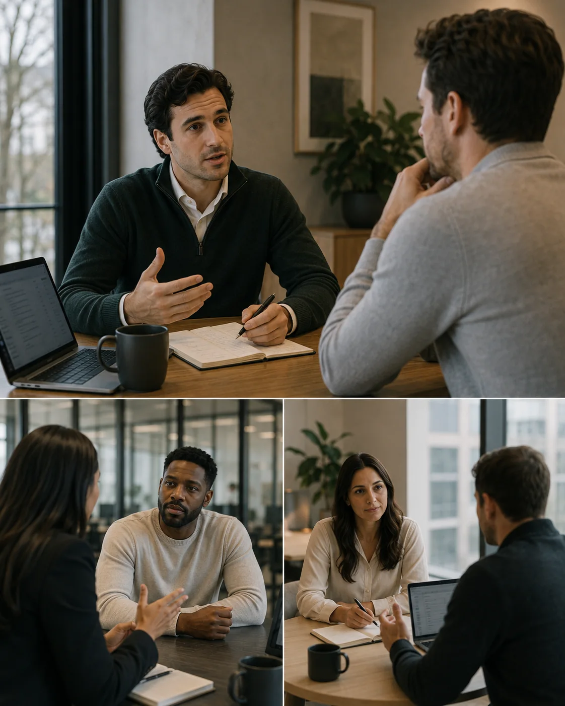 Three one-to-one conversations across a table, each pair in discussion.