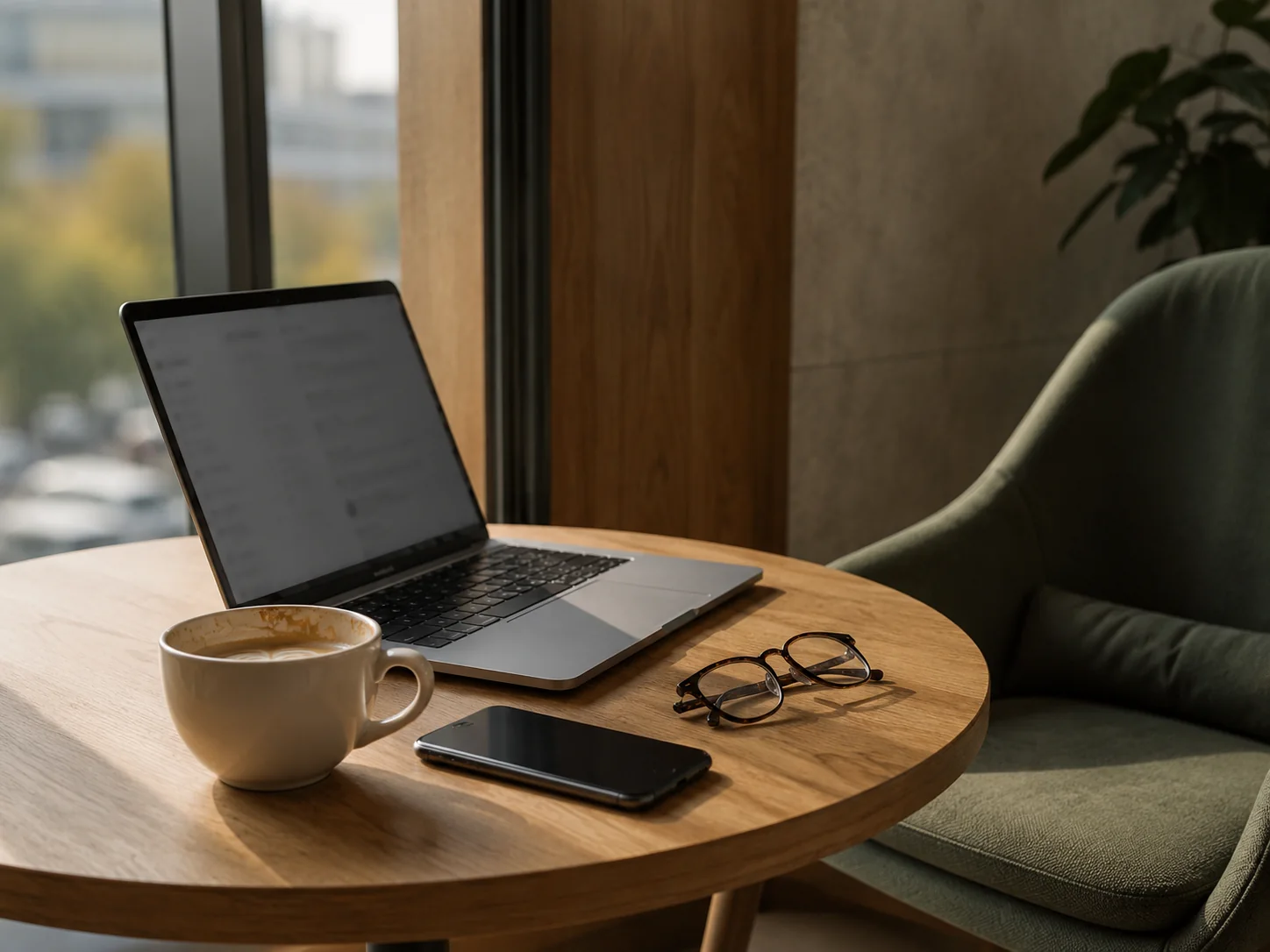 A laptop open on a small table by a window, with a coffee cup, glasses and a phone beside it.